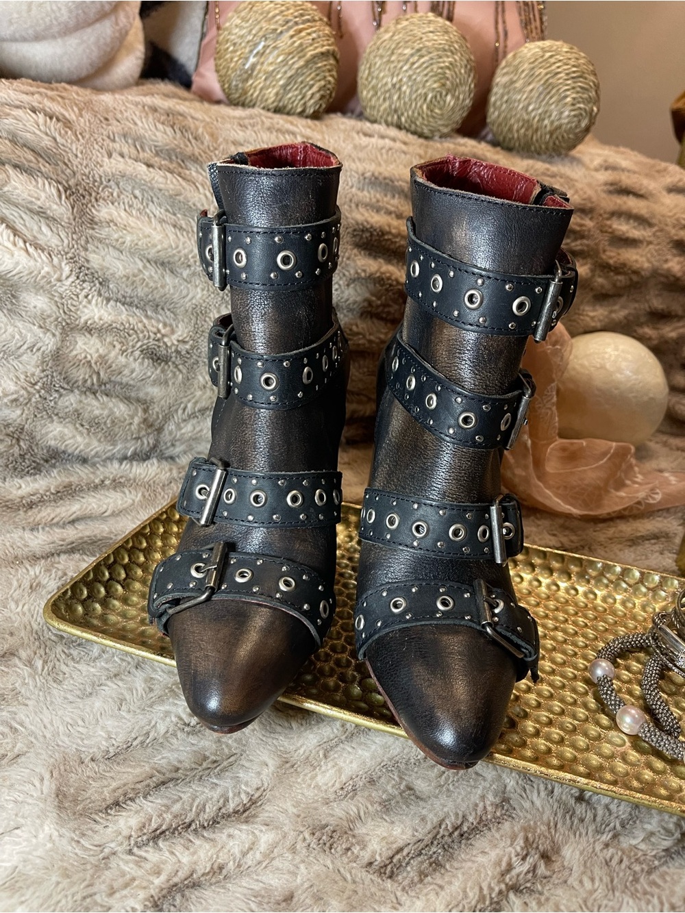 Freebird “Joust” Distressed Leather Moto-style Ankle Boots in Smoke Colorway
